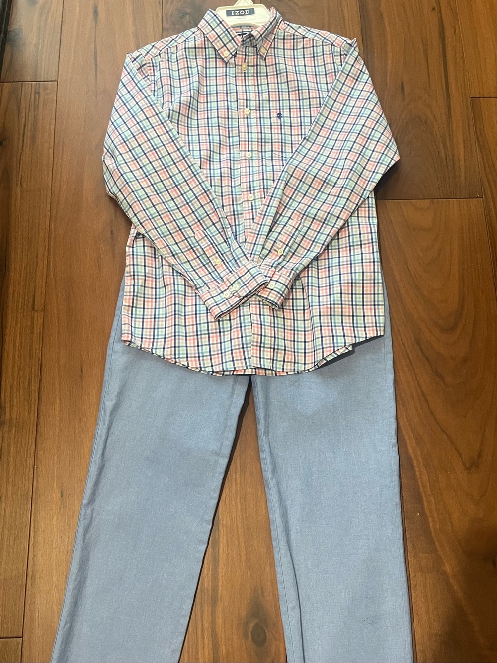 Izod Pink and Blue Plaid Stretch Button-Up Shirt with Blue Slacks